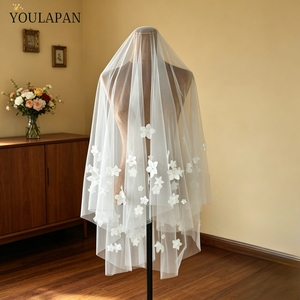 YouLaPan Velo de novia corto de una sola capa con flores 3D y perlas, sin peine, de tul suave, accesorios de boda, cubrecara para mujer <span class=keywords><strong>M153</strong></span> - Product Image 5