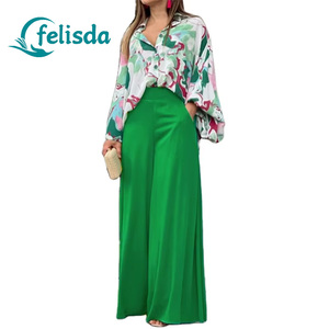 Conjuntos de Pantalones de Dos Piezas <span class=keywords><strong>con</strong></span> Estampado de Primavera y Otoño para Mujer, Conjunto de Dos Piezas Informal y Holgado de Moda, Camisas de Manga Ancha, Pantalones de Pierna Ancha, Trajes para Mujer - Product Image 1