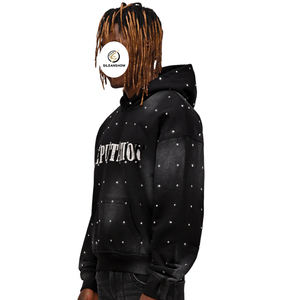 100% coton tricoté, tendance, noir, délavé à l'acide, coupe surdimensionnée personnalisée, technique de gonflage, hiver, XL, impression 3D, entièrement orné de strass - Product Image 4