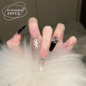 Uñas Postizas Hechas a Mano <span class=keywords><strong>de</strong></span> 4cm <span class=keywords><strong>de</strong></span> Largo, Color Nude, Efecto Ojo <span class=keywords><strong>de</strong></span> Gato, Cobertura Total, con Diseño <span class=keywords><strong>de</strong></span> Puntos Negros, <span class=keywords><strong>Manicura</strong></span> <span class=keywords><strong>de</strong></span> Lujo Color Champán para Dedos - Product Image 3
