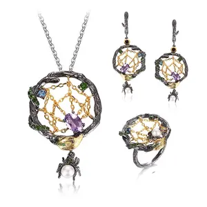 淡水珍珠蜘蛛网设计925纯银珠宝首饰套装与镀金