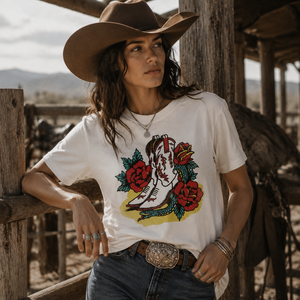 Western Cowboy Boot Floral Print Camiseta de algodón con cuello redondo y manga corta para mujer, top informal de verano - Product Image 1