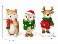 Ensemble de 3 sculptures de Noël en résine peintes à la main, animaux de dessin animé (renard, hibou, renne) avec écharpe et bonnet de Père Noël, décoration de collection pour les fêtes