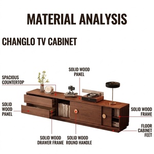 Meuble TV en noyer de style Mid-century moderne avec poignées rondes en bois, buffet de rangement grande capacité pour projets résidentiels - Product Image 6