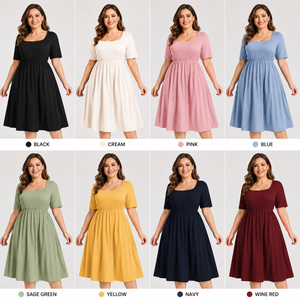 Robe midi décontractée grande taille pour femme, coupe trapèze, col carré et manches courtes, ajustement ample, vente en gros - Product Image 2