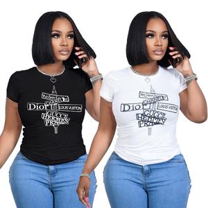 MM059X <span class=keywords><strong>T</strong></span>-shirt décontracté d'é<span class=keywords><strong>t</strong></span>é à col ras du cou et manches courtes, imprimé lettres, en polyester et élasthanne, pour la vente transfrontalière <span class=keywords><strong>2022</strong></span> - Product Image 1