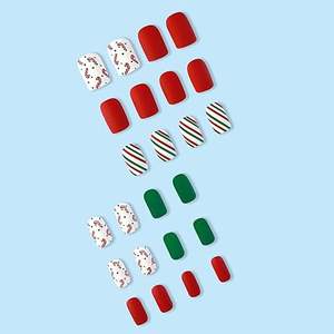 Presse de Noël sur les ongles Ongles de cercueil moyen Mat Rouge Vert Colle sur les ongles Candy Cane Press on Full Cover Stripe Faux ongles - Product Image 4