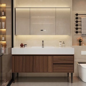 <b>Black</b> walnut wood simple Chinese seamless ceramic integrated basin multifunctional mirror storage bathroom cabinet - Product Image 4