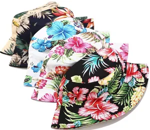 열대 꽃 인쇄 하와이 패턴 코튼 야외 양동이 모자 어부 모자