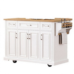 Îlot de cuisine moderne blanc avec dessus en bois, 3 tiroirs, 4 portes, portable sur roulettes - Product Image 2