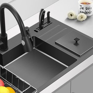 Matte Black Nano Stainless Steel Kitchen Sink with Drying Board Pull <b>Down</b> Sprayer and Hidden Cover Multifunctional Sink - Product Image 2