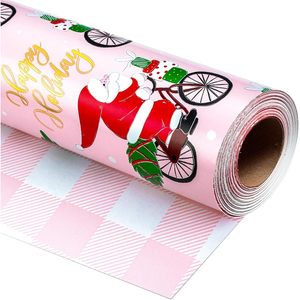 Papel de regalo navideño rosa con diseño divertido de Papá Noel en bicicleta, patrón reversible a cuadros, 17 pulgadas x 32.8 pies, para manualidades navideñas - Product Image 1