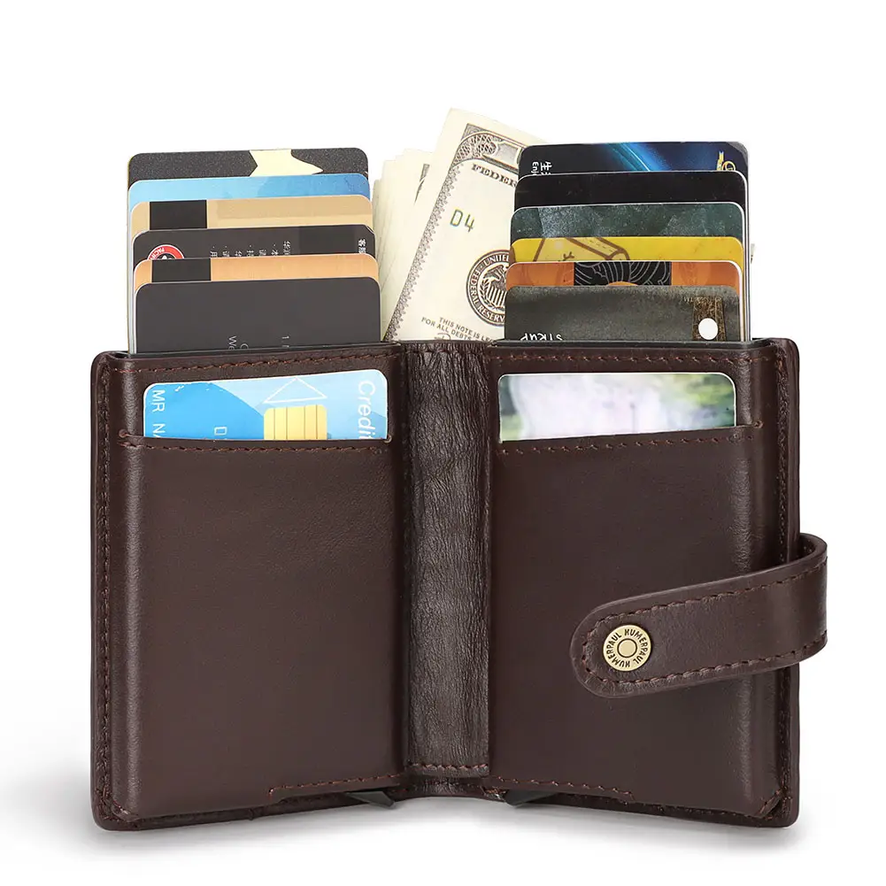 HUMERPAUL Wholesale mans wallet money purse Double pop up Aluminum Metal Case cow leather rfid credit card holder wallet