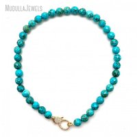 Chaînes de perles en turquoise naturelle NM61081 avec fermoir mousqueton en or pavé de CZ, bijoux en pierres précieuses de naissance de décembre pour femmes, cadeau bohème