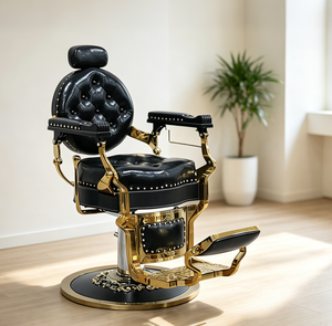 Fauteuil de Barbier Luxe Vintage avec Cadre Doré, Rivets Capitonnés, Hydraulique Inclinable et <span class=keywords><strong>Repose</strong></span>-Pieds Ajustable pour Salon de Coiffure - Product Image 1