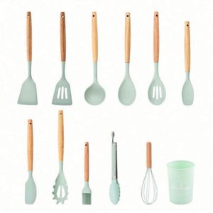 Raybin Wholesale 12 Pcs Kitchen Cooking Utensil Set Holder Baking Gadget Nonstick Silicone Spatula <b>Kitchenware</b> With Wood Handle - Product Image 6