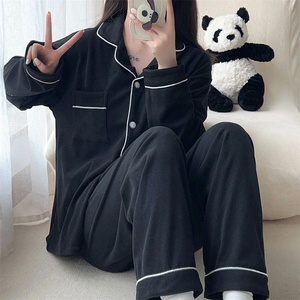 Manufacturers Wholesale Black Lapel Sleeved Women's Sleepwear Sets Long <strong>Pyjama</strong> Woman <strong>Thermal</strong> for Spring Autumn Nighttime Use - Product Image 4