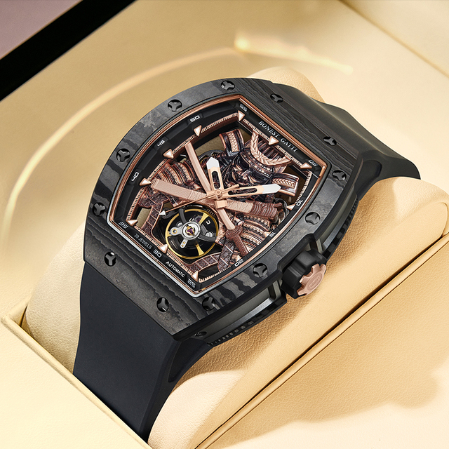 Bonest Gatti Black Warrior Design Luminous Automatic Hollow Barrel Shape Sapphire Crystal Business Men Mechanical Watch BG9008