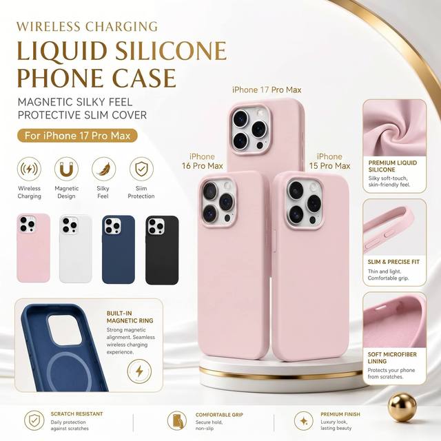 Trending High Quality Magnetic Liquid Silicone Phone Case for 17 Pro Max Ultra Thin Fingerprint Proof Pure Color 360