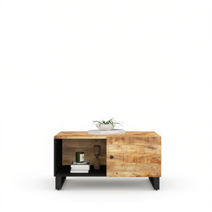 Natural Wood Coffee <b>Table</b> With Storage Modern Living Room Furniture <b>Brown</b> Metal Frame - Product Image 1