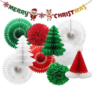 Kerstversiering Vilt Banner Opknoping Papier Fans Poms Bloemen Kerstboom Hoed Honingraatballen Voor Feestartikelen