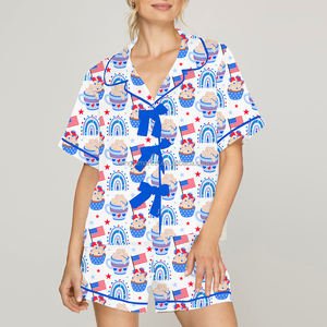 Summer <strong>Patriotic</strong> Independence Day Floral Heart Flag Print <strong>Short</strong> Sleeve Shirt <strong>Shorts</strong> Pajama Set Women - Product Image 3