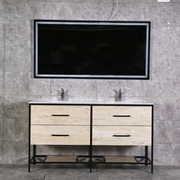 Meuble-lavabo autoportant avec double vasque en céramique, structure en métal noir, armoire en PVC, miroir rétroéclairé par LED pour maison, villa, appartement