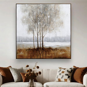 Dipinto a Olio Paesaggistico Texturizzato Tonalità Neutre Scenari <span class=keywords><strong>Invernali</strong></span> con Alberi Nebbosi per Arredamento Casa Quadri d'Arte Murale Natura Morta - Product Image 1