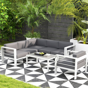 Canapé modulaire en aluminium blanc en forme <span class=keywords><strong>de</strong></span> L moderne, ensemble <span class=keywords><strong>de</strong></span> <span class=keywords><strong>salon</strong></span> <span class=keywords><strong>de</strong></span> <span class=keywords><strong>jardin</strong></span> <span class=keywords><strong>pas</strong></span> <span class=keywords><strong>cher</strong></span>, ensemble sectionnel pour patio, parc, cour, appartement, bois - Product Image 5