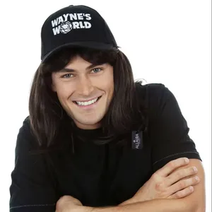 Party On! Wayne Mens Black Mullet Wig & Black Cap Costume Set (Waynes World) - By Allaura