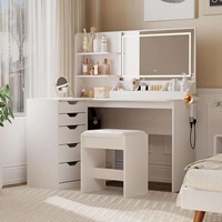 Table de maquillage moderne blanche avec miroir à lumière LED, 5 tiroirs et étagères de rangement, assemblée pour une utilisation dans la chambre à coucher et la salle de bain