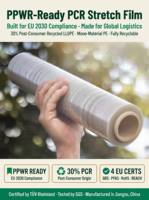 Film d'emballage pour palettes en LLDPE recyclé PCR, durable, 17 microns, 30 % de contenu PCR, largeur 50 cm, logistique industrielle, export