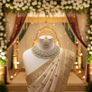 Ethnic Kundan <b>Gold</b>-Plated Bridal Choker Necklace Earring <b>Set</b> Zircon Pearl Green Enamel Trendy Women's Wedding Fashion Jewelry - Product Image 3