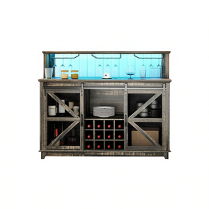 Mobiletto portabottiglie in stile rustico da 55 pollici, in legno massello marrone scuro anticato, con luci e ripiani in vetro per cucina e sala da pranzo - Product Image 1