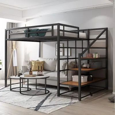 Tempat tidur asrama ukuran Queen kualitas baik kasur loteng ranjang susun logam dewasa dengan tangga