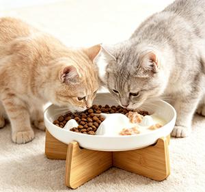 Premium Ceramic Pet Feeding Bowl Elevated Wood Stand Luxury <b>Cat</b> Slow <b>Feeder</b> Bowl for Home Use - Product Image 1