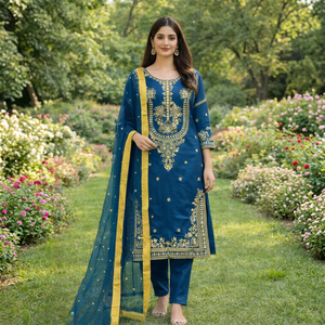 Conjunto de Salwar Kameez Azul Bordado para Mujer, Traje Étnico de Dos Piezas con Dupatta para Bodas y Fiestas - Product Image 1