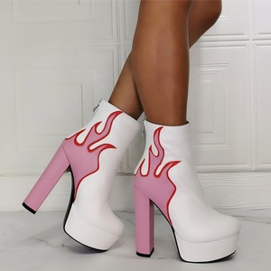 New Style Fire Print Round Toe Platform Back Zipper Fashion Women Ankle <b>Boots</b> High Chunky Heel Large Size 47 - Product Image 3