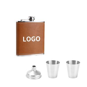 Personalized Hip Gift <b>Small</b> Capacity 8 Oz Leather Cover Stainless Steel Whisky <b>Flask</b> Set for Men - Product Image 2