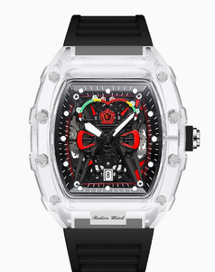 Orologio da Uomo al Quarzo con Quadrante Trasparente, Cassa Tonneau, Dettagli a Vite, Finestra Data e Cinturino in Silicone Traslucido - Product Image 6