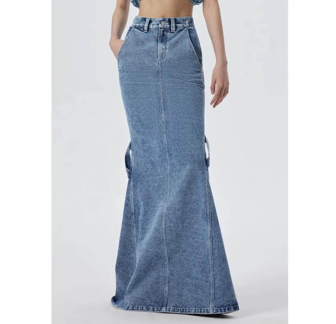 Custom Women's Pockets Denim Dress Mermaid Hem Denim Long Skirts Ladies Blue Bodycon Jean Dress