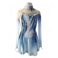 Robe de patinage artistique bleu et blanc dégradé à col montant, dos ouvert ajouré, ornée de strass, manches longues en maille, pour adultes et enfants