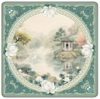 Tapis de Mahjong Américain Professionnel Vert Sauge avec Emblème Swan Society, Motif Lotus Pavilion et Clé Grecque, Housse de Table Antidérapante en Caoutchouc