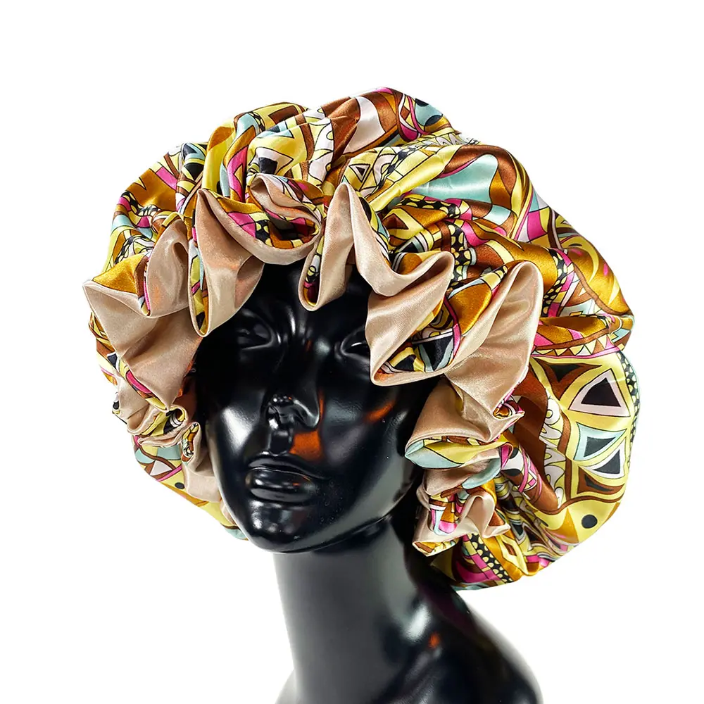 卸売カスタマイズ女性サテンボンネットキャップ2層シルキービッグボンネット女性用印刷スリープキャップヘッドラップ