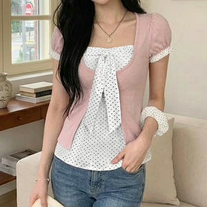School Girl Cute Polka Dot Breathable Summer Two Piece <b>Tie</b> Front Belt Casual Commute Short Sleeve T-Shirt - Product Image 6