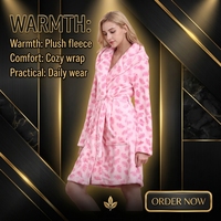 Peignoir thermique respirant en polaire rose clair à imprimé feuilles pour femme, à capuche, avec ceinture, longueur genou, doux, pour la maison, automne-hiver