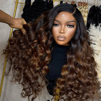 Pelucas de Cabello Humano Birmano Ondulado Profundo Ombre Marrón para Mujer, Sin Pegamento 2T, Pelucas Frontales de Encaje HD 13*6, Rubio Ceniza, Liso Extremo 13*4