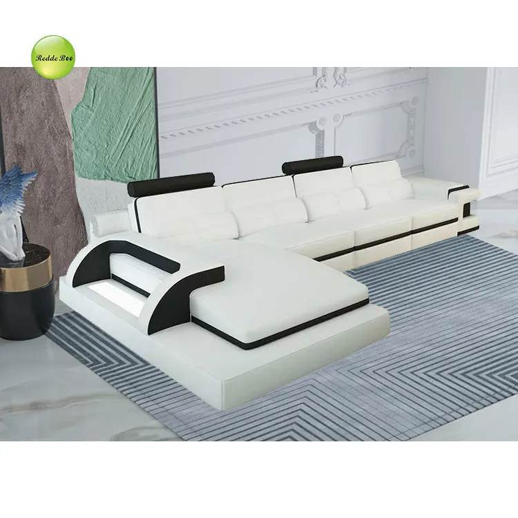 Redde Boo Diskon Besar Set Sofa Ruang Tamu Fungsional Kulit Hitam dan Putih Bagian Modern dengan Penyimpanan