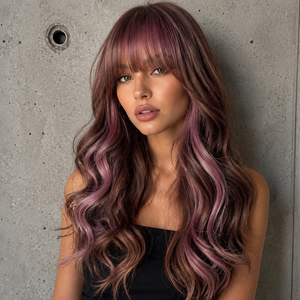Parrucca ondulata <span class=keywords><strong>rosa</strong></span> con riflessi <span class=keywords><strong>fucsia</strong></span> da 26 pollici, adatta per donne con frangia, <span class=keywords><strong>capelli</strong></span> sintetici resistenti al calore, stile elegante Sm412 - 12 - Product Image 3
