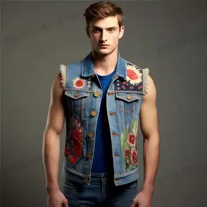 Denim Vest Men Cotton Sem Mangas Jaquetas Azul Casual Vest Pesca Shredded Jean Casaco Rasgado Masculino Cowboy Ao Ar Livre Colete